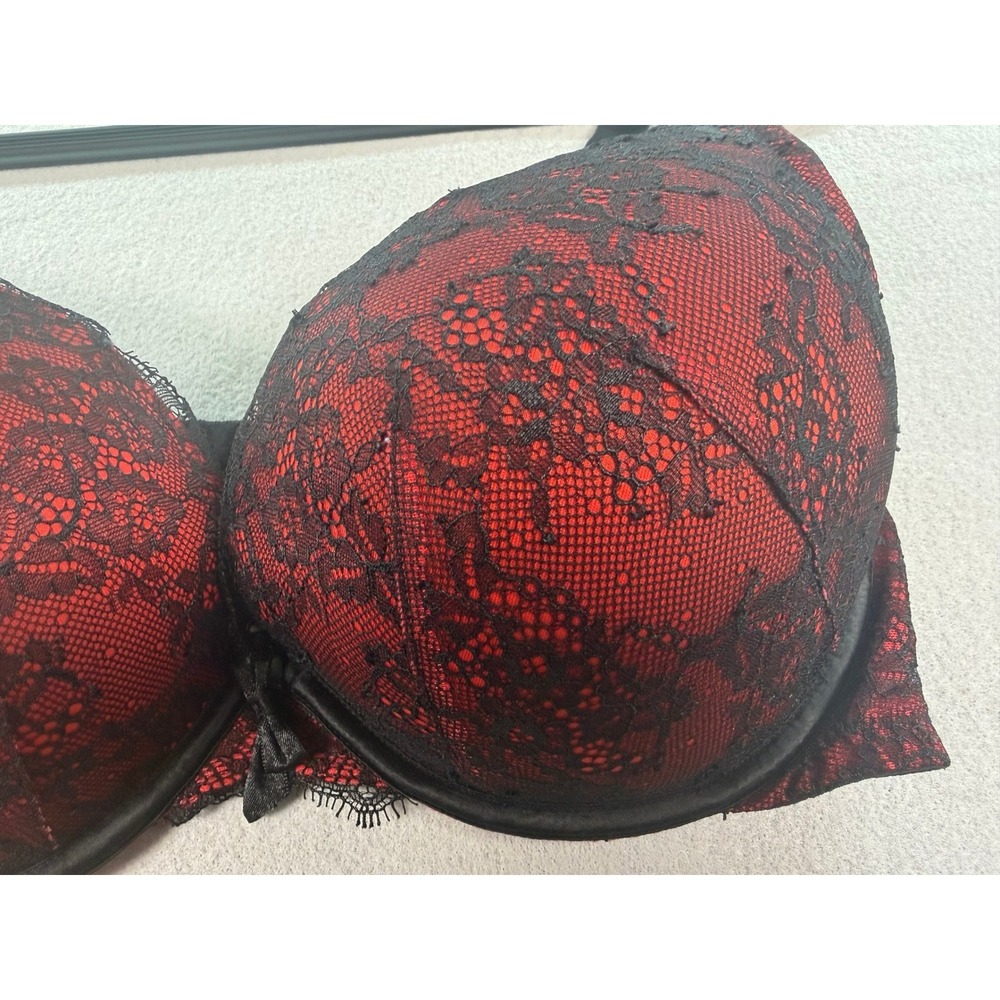 Torrid Push Up Plunge Bra 40D Red Black Floral Lace Underwire Eyelash Trim Bow - Picture 5 of 8